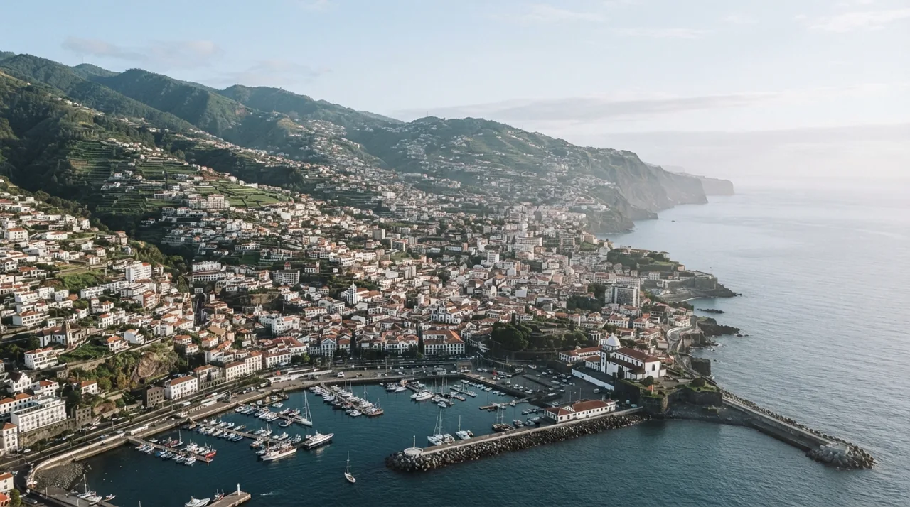 Aerial view of Funchal, Madeira, rising from the harbour up the green hillsides.