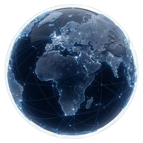 A globe wrapped in a network of connections between cities.