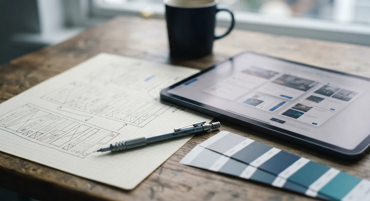Hand-drawn listing wireframes on grid paper beside a tablet showing the same layout built out.