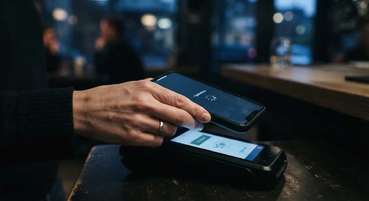 A phone completing a contactless card payment on a terminal.