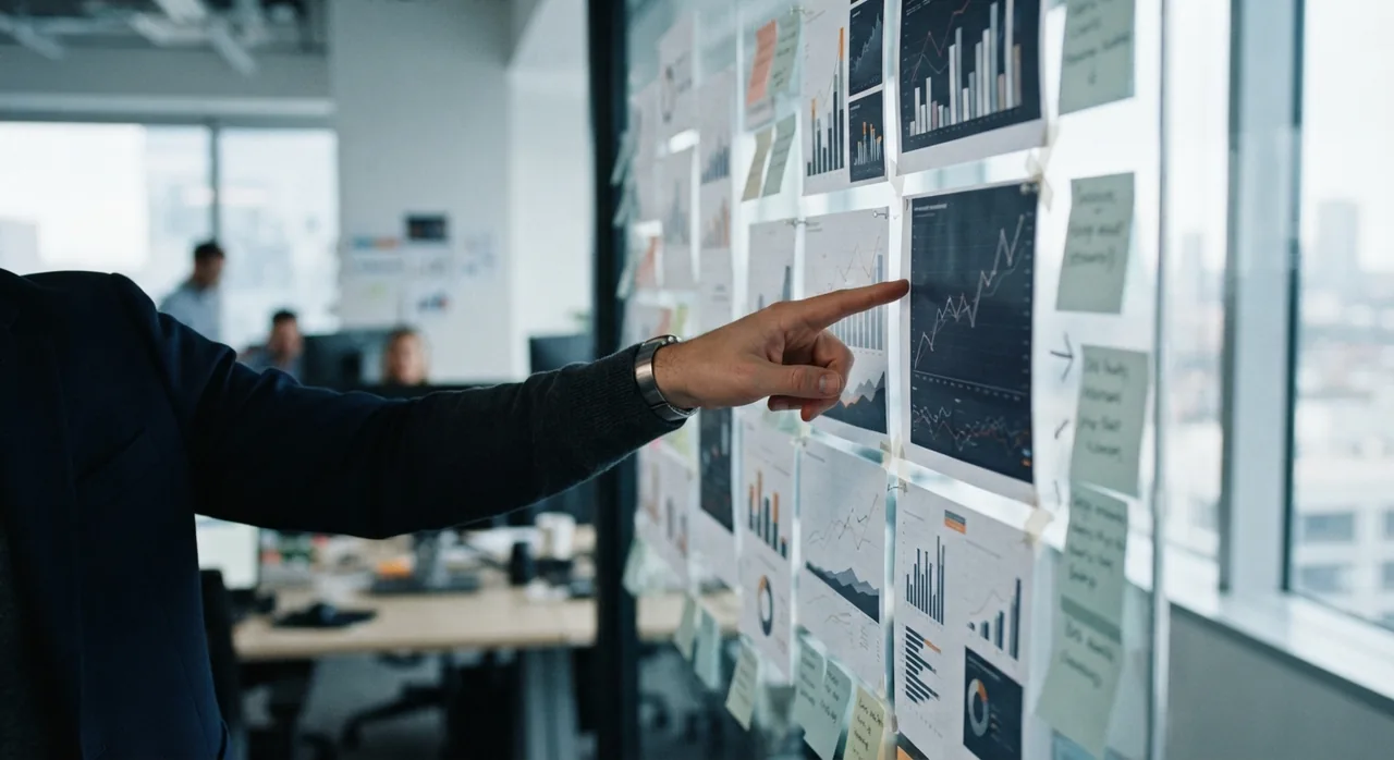 A glass wall of printed market charts with a hand pointing at one column.
