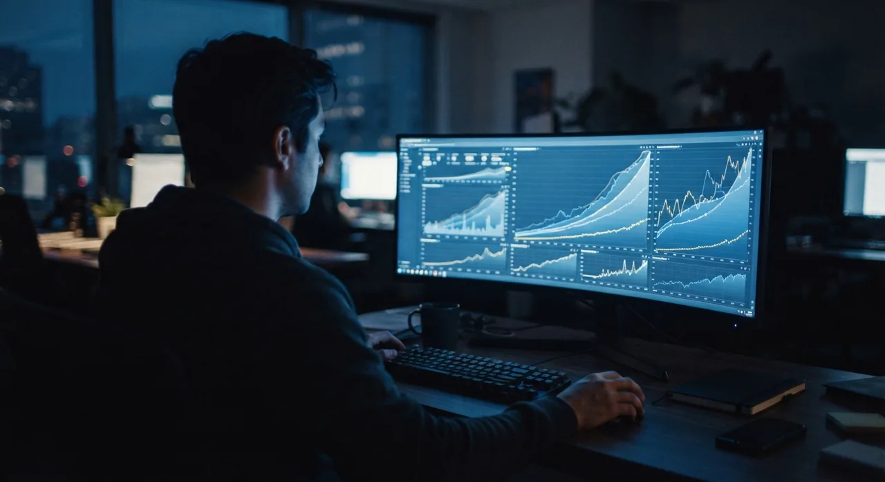 A wide monitor showing search ranking and traffic curves climbing, in a dim office at dusk.