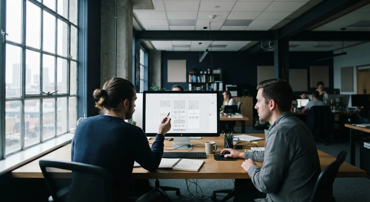 Two designers reviewing portal wireframes on a large monitor in the APCW studio.